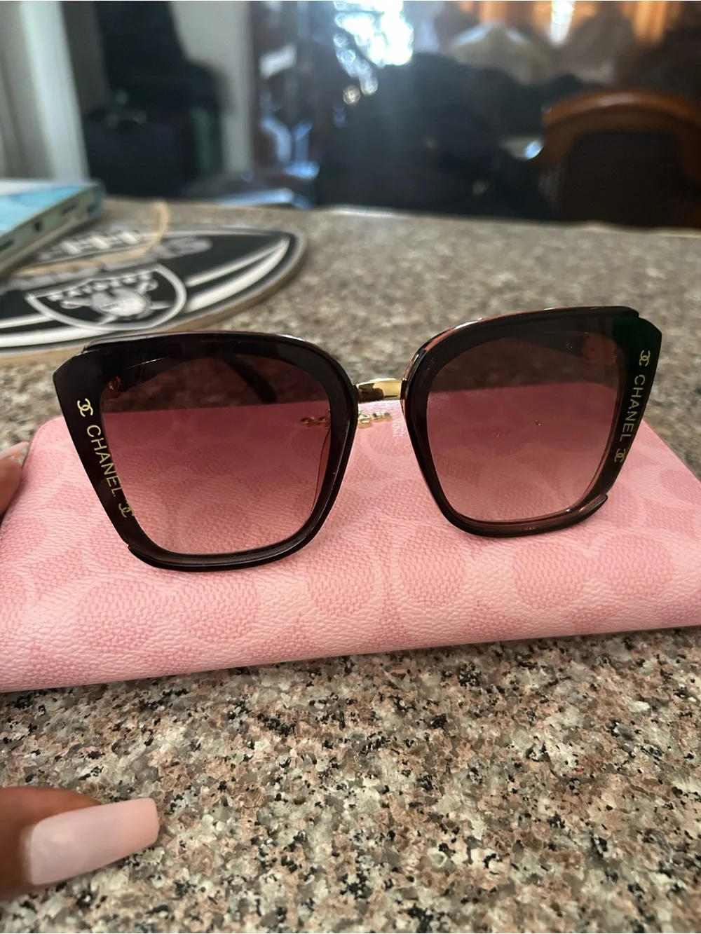 (NOT-CHANEL Tortoiseshell Sunglasses with Gold Logo Detail